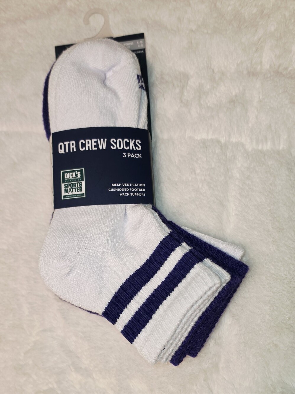 DSG White Crew Athletic Socks with Purple Stripes - 3 Pack (SOC-49)